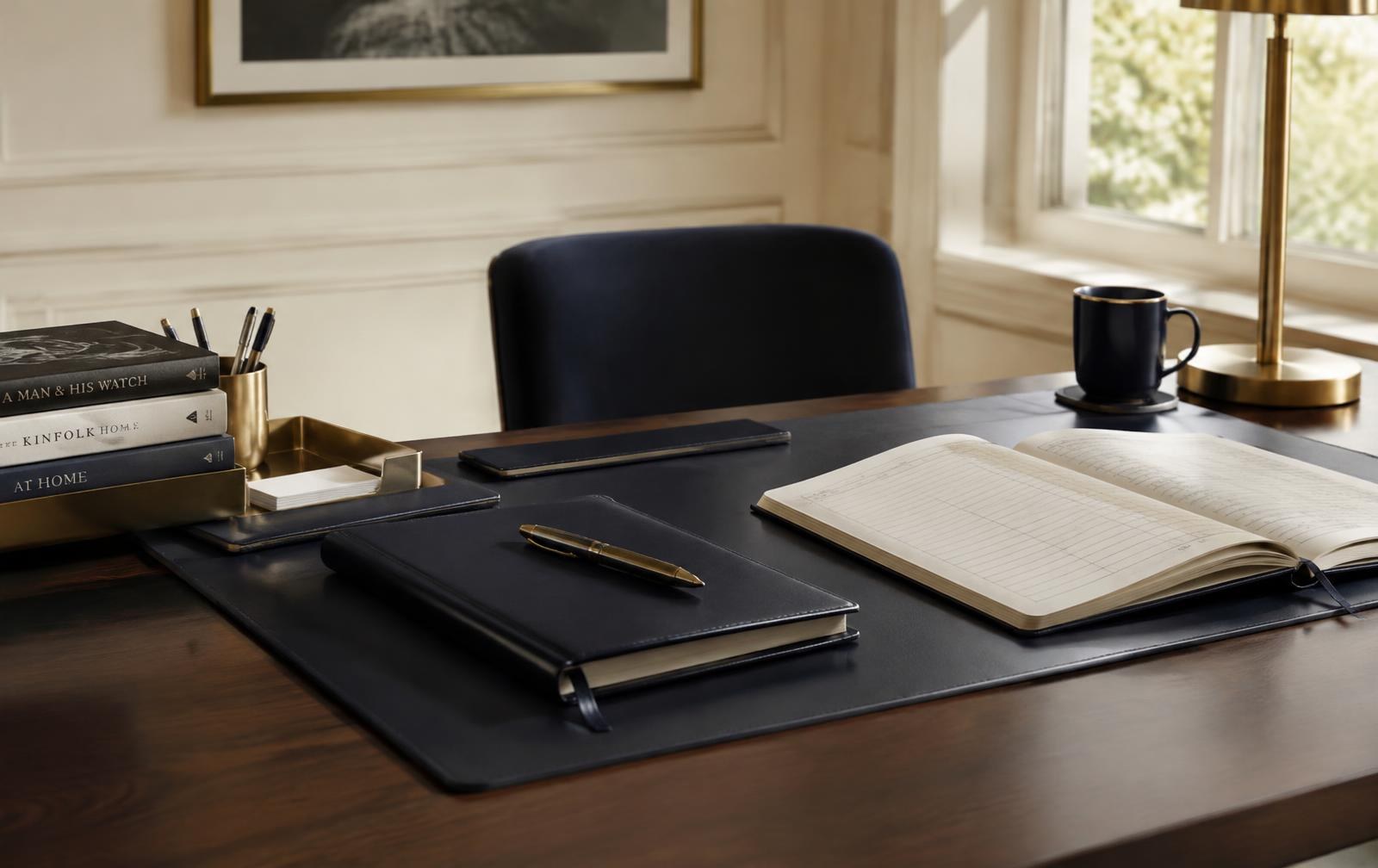 Accountant's desk with ledger and pen